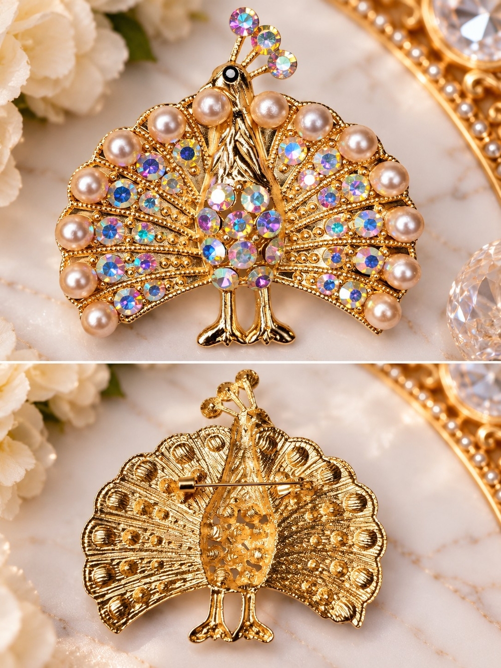 Pearl & Aurora Crystal Peacock Brooch 🦚✨